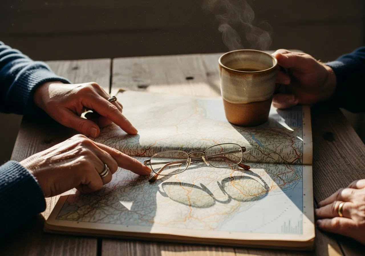 An older couple's hands trace a route on a paper road map on a sunlit table, next to a coffee mug and reading glasses.