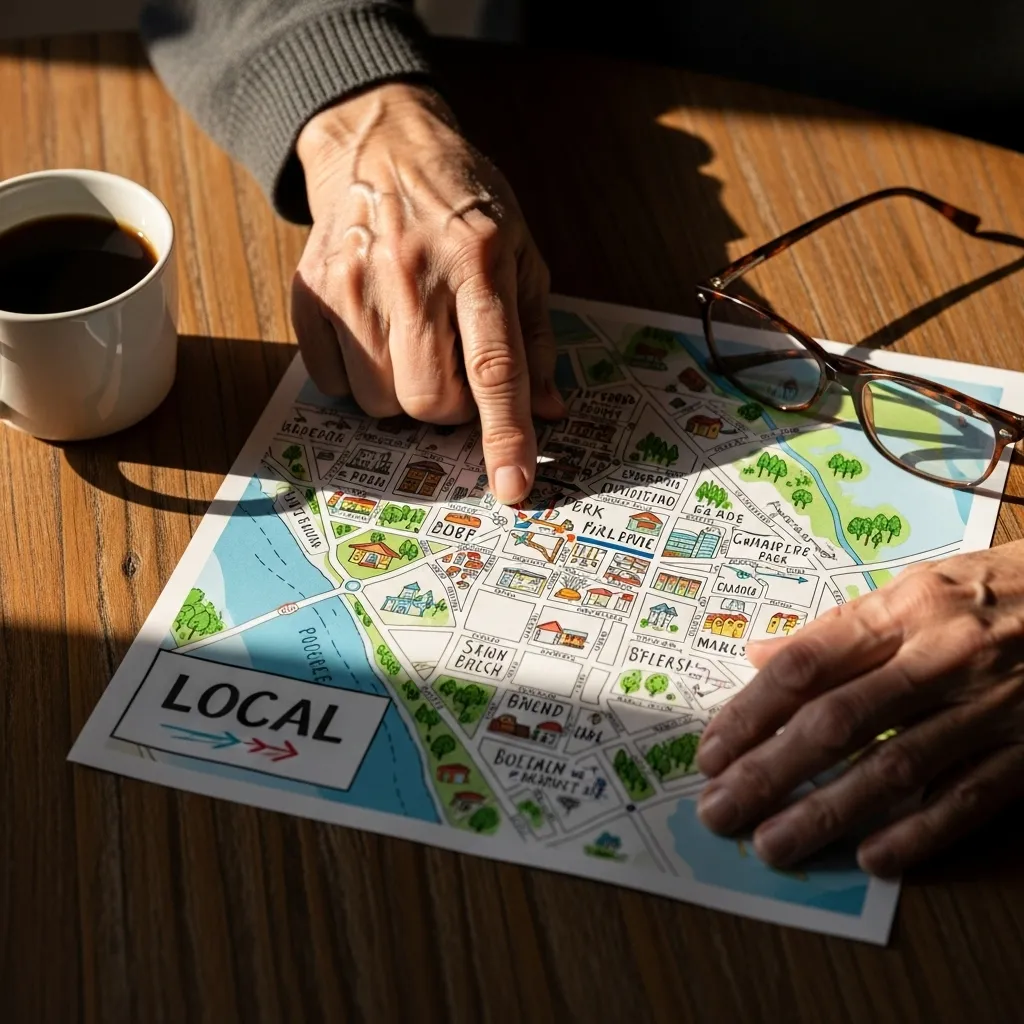 From above, an older person's hands on a city map on a wooden table, next to a coffee cup and glasses in warm morning light.