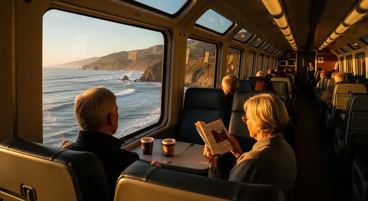 An older couple relaxes in an Amtrak observation car at sunset, looking out the large window at a scenic ocean coastline.