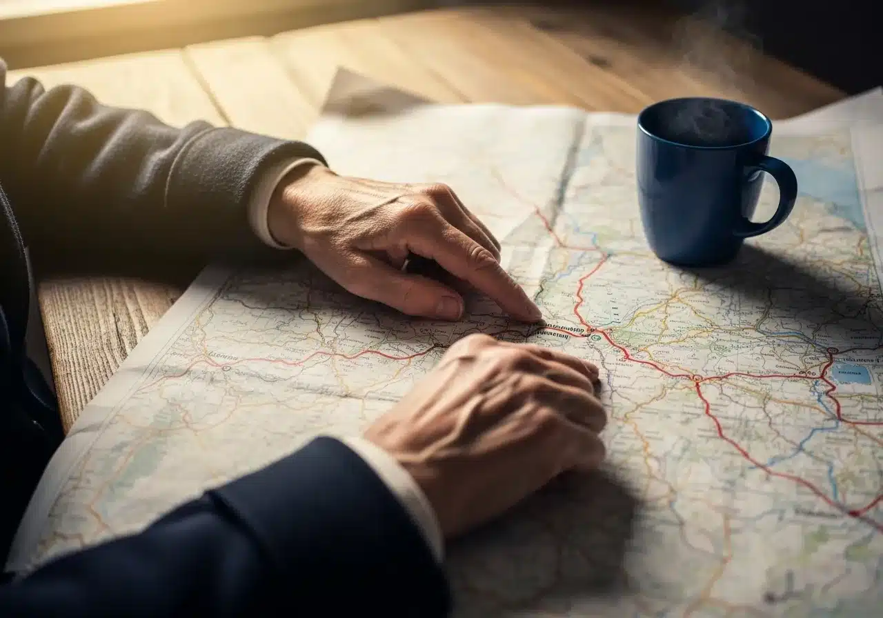 An older person's hands trace a route on a paper map on a wooden table, next to a coffee cup.
