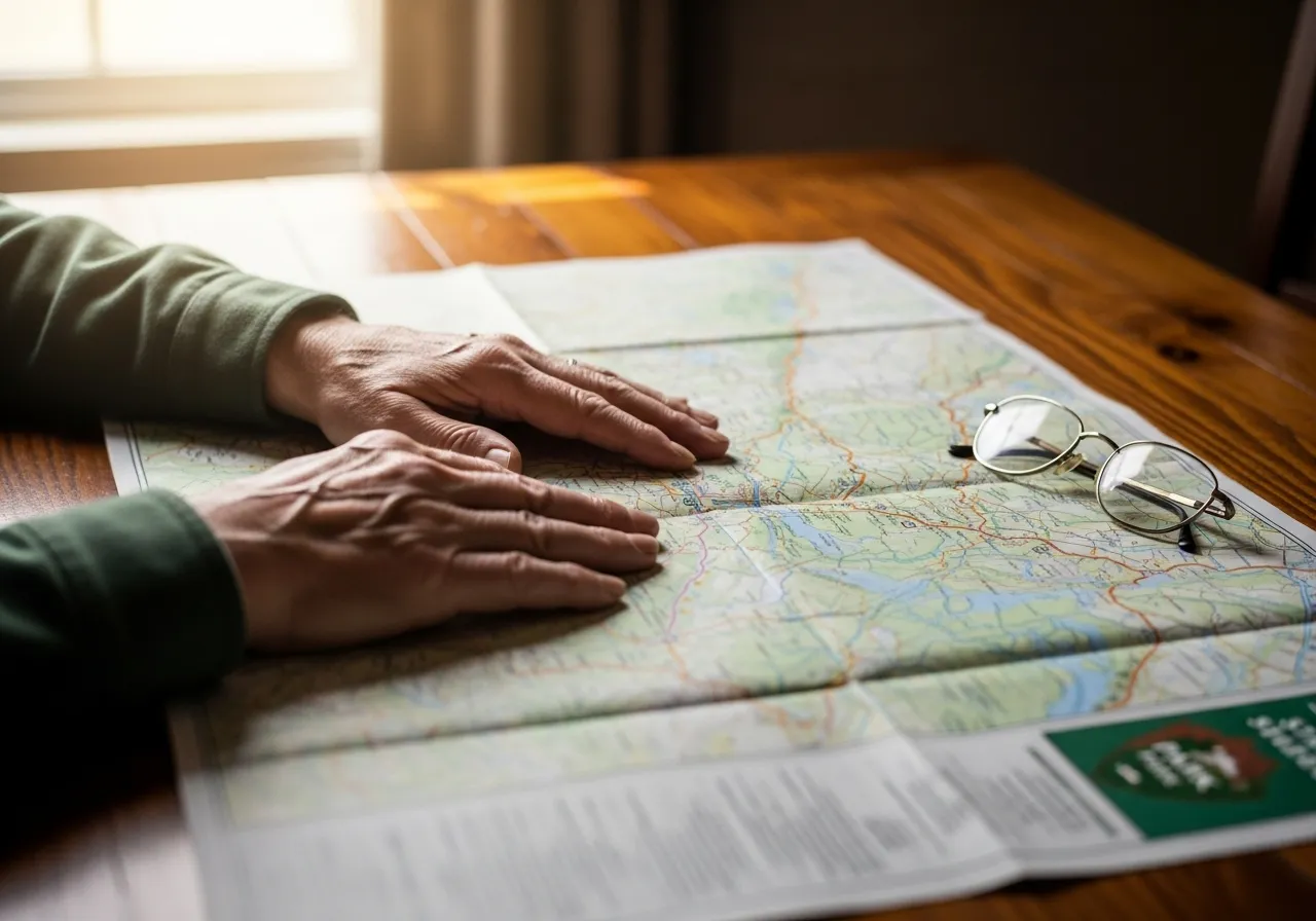 An older person's hands trace a route on a paper state park map laid out on a wooden table in the morning light.